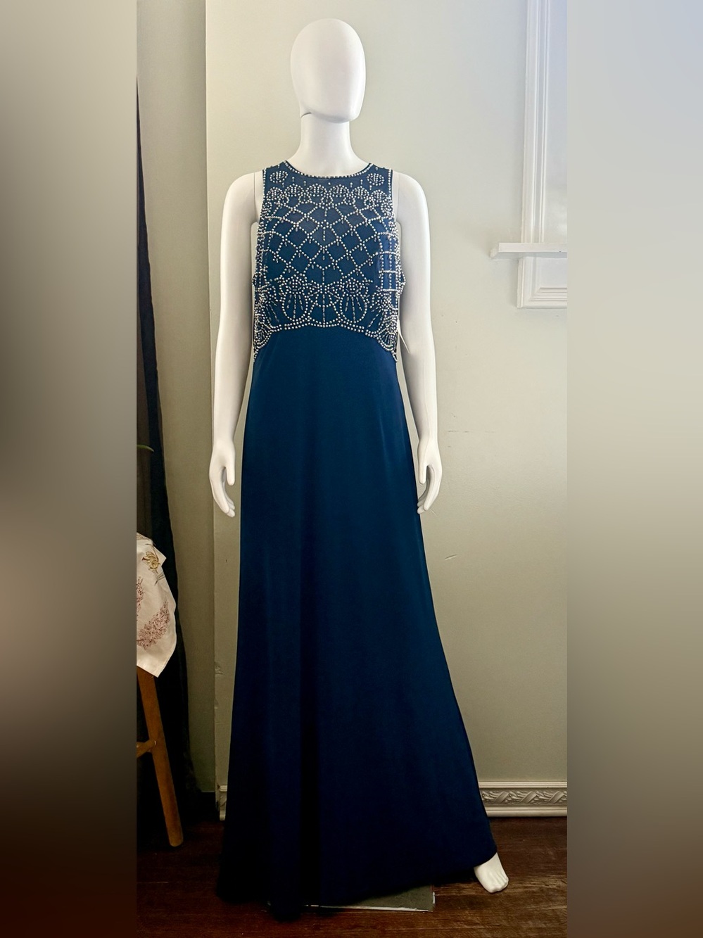 Embellished Navy Maxi Dress with Beaded Bodice